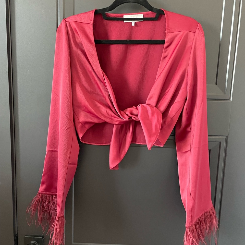 Wayf Red Satin Tie-Front Blouse with Feather Trim